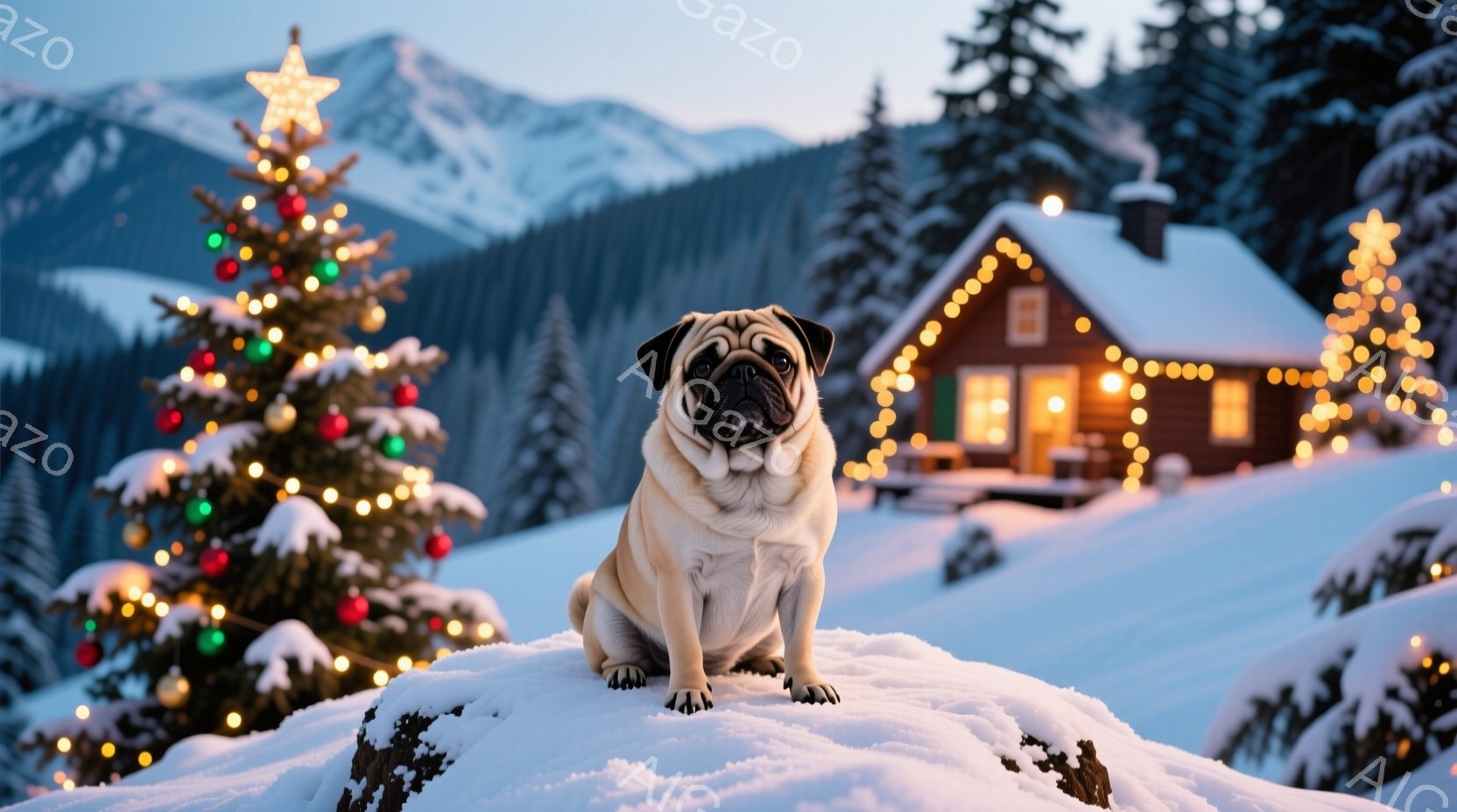 雪景色の中に、クリスマスの飾り付けがされた木と可愛らしい犬が座っています。犬はベージュ色の毛並みで、正面を見つめており、少し驚いたような表情をしています。背景には、ライトで飾られたコテージと雪山が広がり、クリスマスの温かく幻想的な雰囲気を醸し出しています。