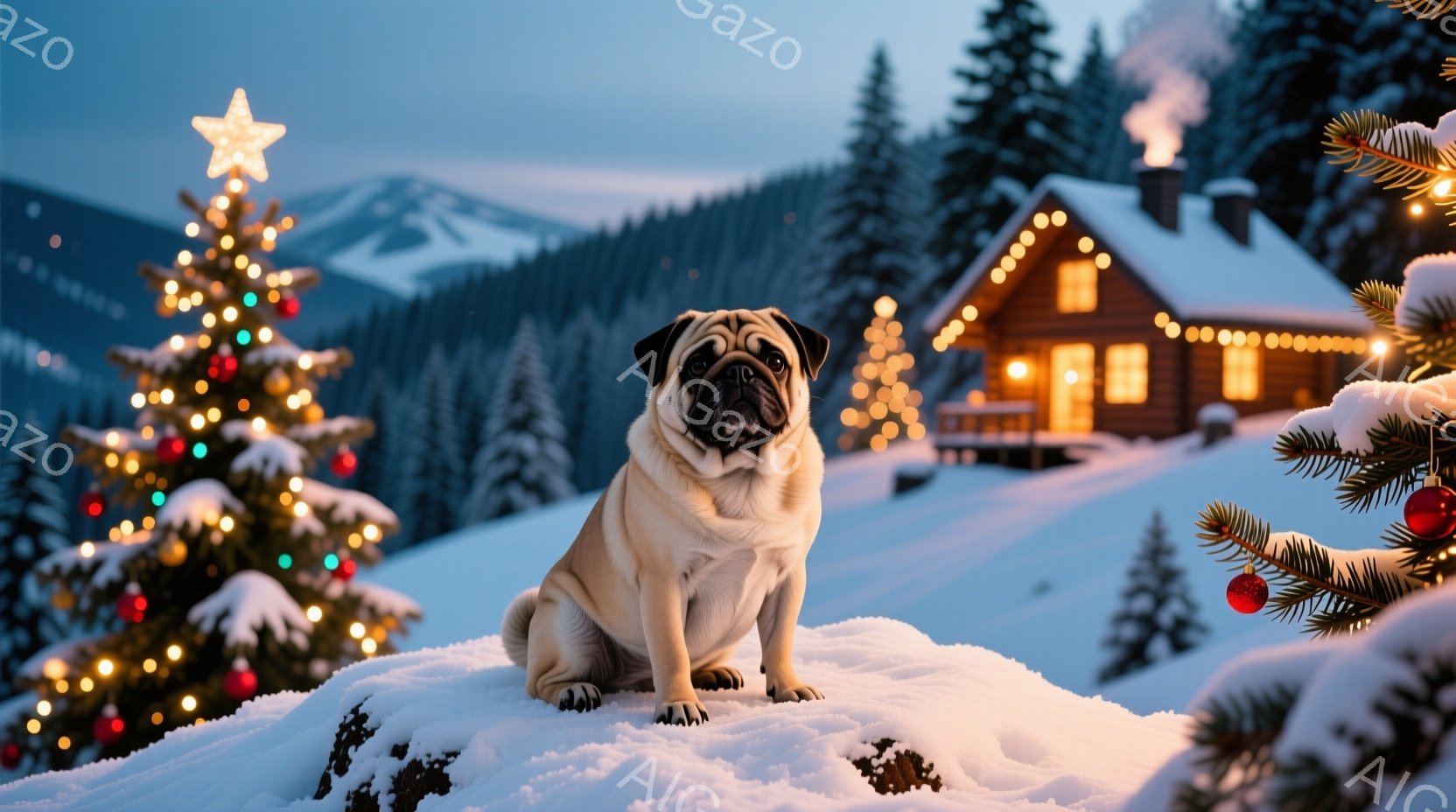 パグが雪の丘の上に座っており、正面を見つめています。背景には、クリスマスツリーと暖かく光るキャビンがあり、雪が降り積もった山々が広がっています。 全体的に、暖かく、お祝いの雰囲気で、冬のワンダーランド - AI生成フリー素材