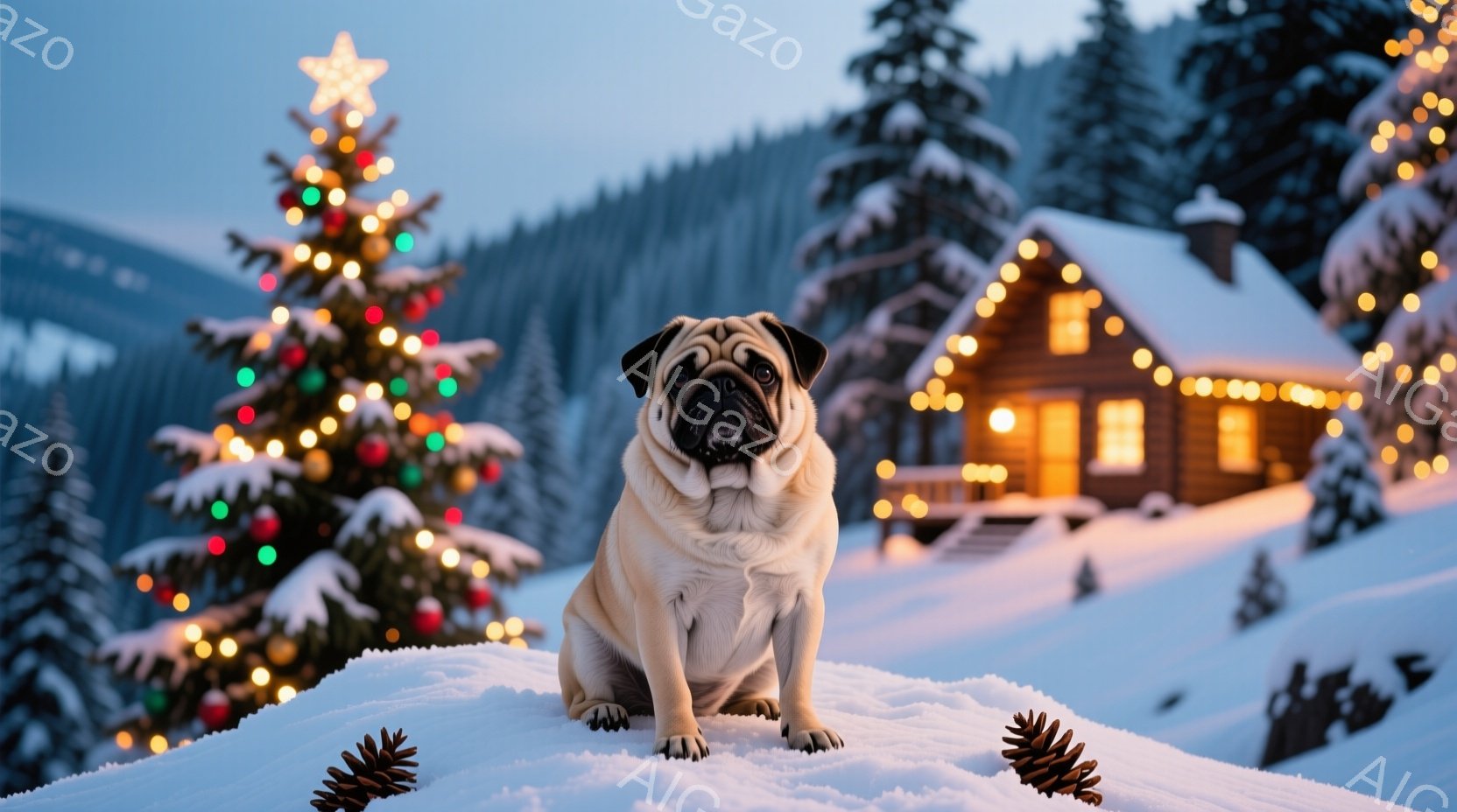 パグが雪の丘の上に座っており、背景にはクリスマスツリーとライトアップされた可愛らしい山小屋が見えます。パグは穏やかな表情で正面を見つめており、雪景色の中で温かく、平和な雰囲気を醸し出しています。雪が降り積もっており、背景の山々と小屋は冬の魔法のような光景を作り出しています。