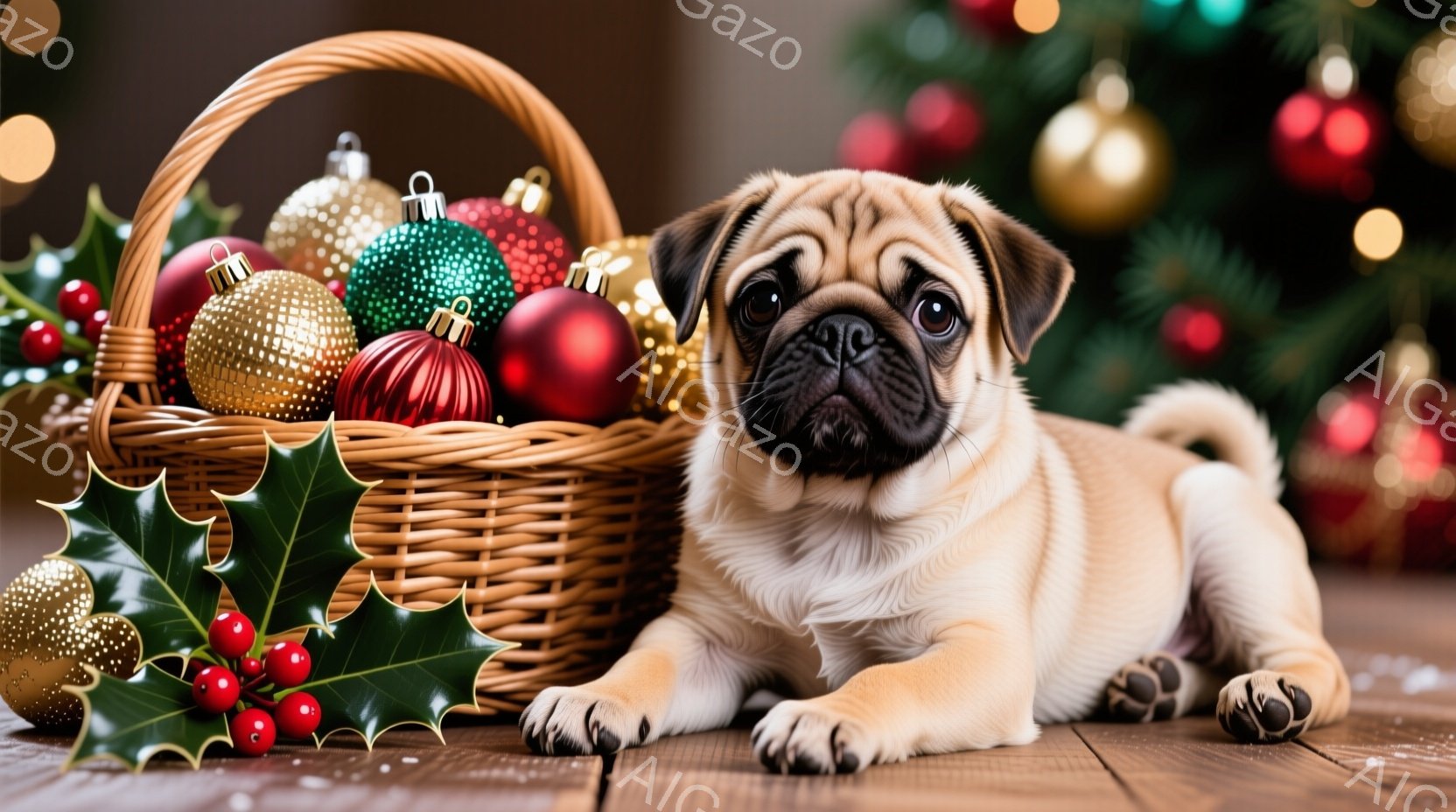 パグの子犬がクリスマスオーナメントが入ったバスケットの横に横たわっています。子犬は明るい茶色の毛並みで、少し心配そうな表情をしています。背景にはぼやけたクリスマスツリーと、木製の床が見え、全体的に温か - AI生成フリー素材