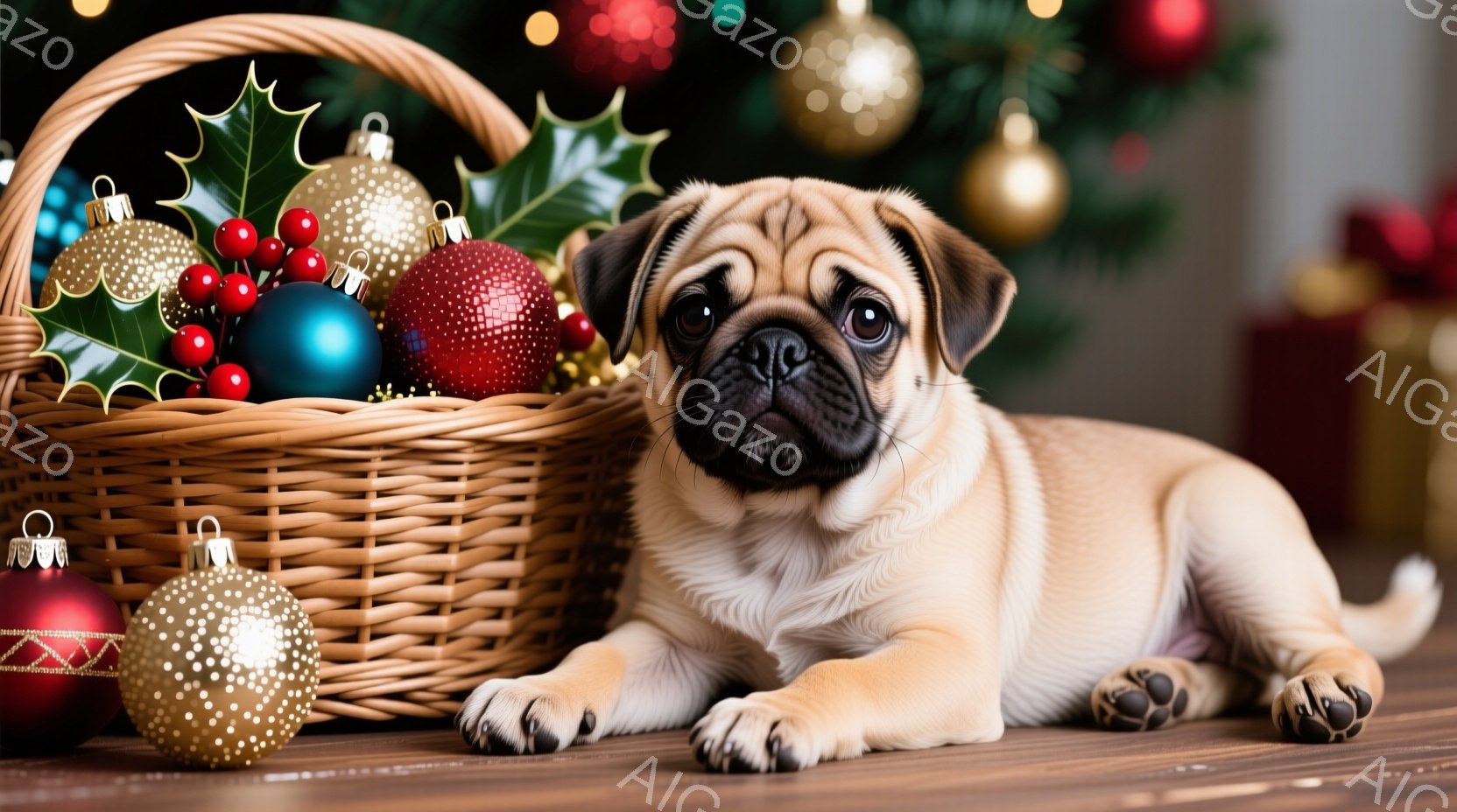 子犬のパグが木の床の上に横たわっており、隣にはクリスマスオーナメントでいっぱいのバスケットがあります。パグは茶色の毛並みで、顔は小さく、愛らしい表情をしています。背景にはクリスマスツリーとプレゼントボ - AI生成フリー素材