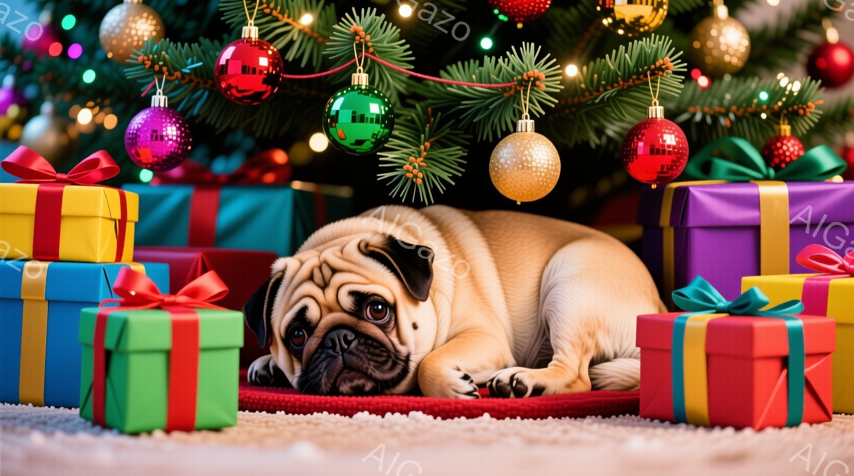 パグがクリスマスプレゼントの山の中で横たわっています。パグは茶色い毛並みで、眠そうな表情をしています。背景には緑のクリスマスツリーがあり、赤い、紫、緑、金色のオーナメントが飾られています。