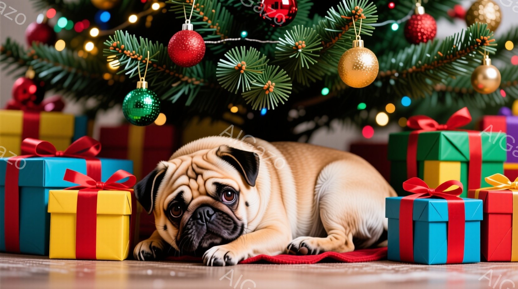パグがクリスマスプレゼントの山の中に横たわっています。パグは茶色い毛並みで、少し眠たげな表情をしています。背景には、色とりどりのオーナメントで飾られたクリスマスツリーがあり、暖かい雰囲気を作り出してい - AI生成フリー素材