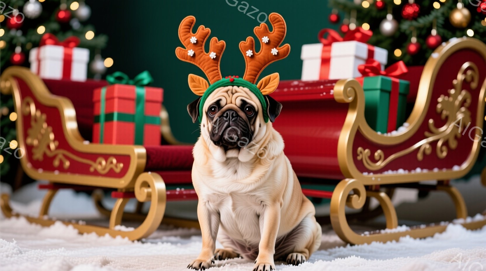 パグが頭にトナカイの角飾りをつけて座っており、少し困ったような表情をしています。背景には赤いそり、プレゼントの箱、そしてキラキラと輝くクリスマスツリーの飾りが見え、雪が敷かれた床の上に座っています。全体的に暖かく、楽しいクリスマスの雰囲気が漂っています。