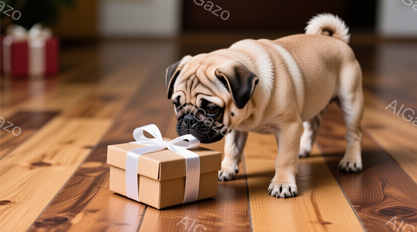 暖かな木製の床の上に、茶色のリボンで結ばれた茶色のギフトボックスが置かれています。子犬のパグが鼻をギフトボックスに近づけ、興味津々な表情で匂いを嗅いでいます。背景はぼかされており、暖かい室内であること - AI生成フリー素材