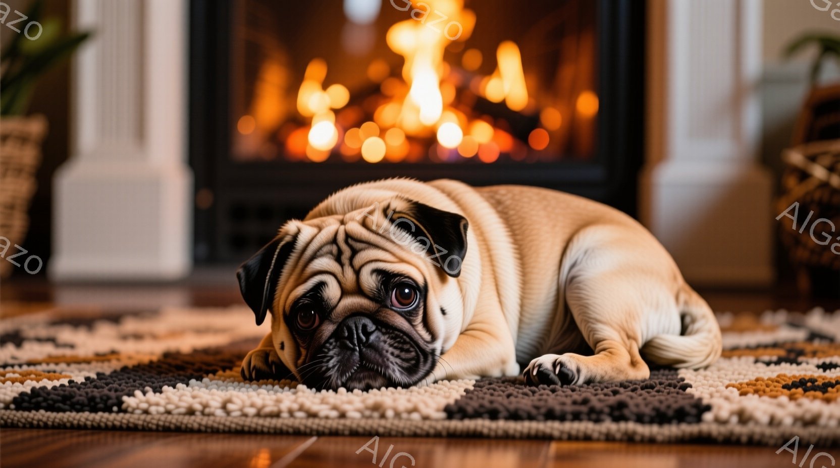 パグがカラフルなラグの上に横たわっています。その表情は少し眠そうで、リラックスしている様子がうかがえます。背景には暖炉があり、炎が暖かく穏やかな雰囲気を醸し出しています。 - AI生成フリー素材