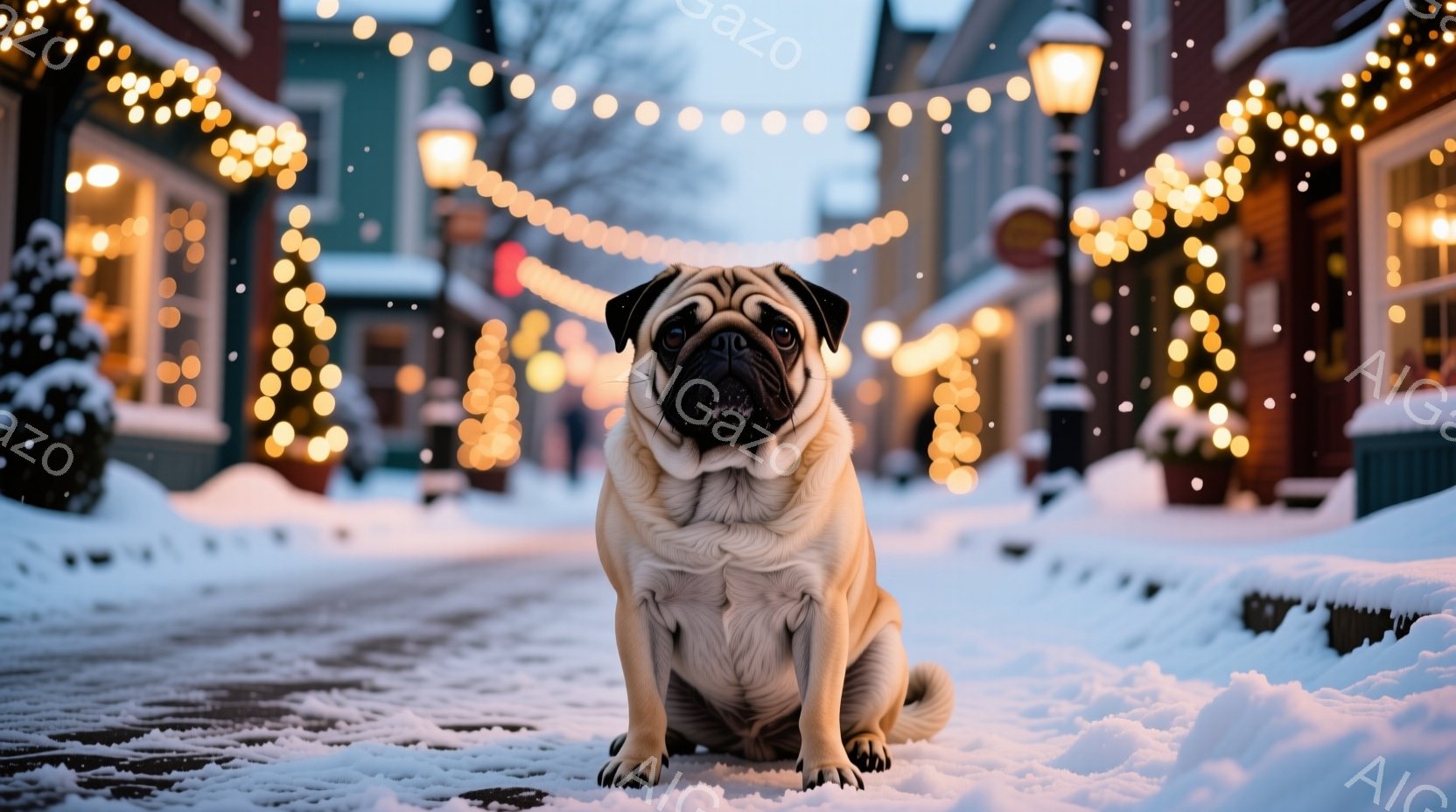 雪が降る街中に、愛らしいパグが座っています。パグは穏やかな表情で正面を見つめており、周囲の暖かい光と雪景色がその可愛らしさを引き立てています。背景には、イルミネーションで飾られた建物が並び、冬の暖かく - AI生成フリー素材