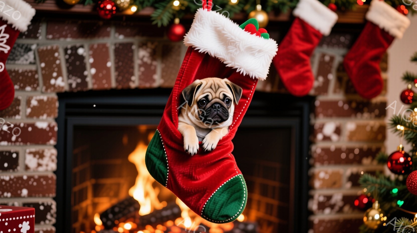 赤いクリスマスストッキングの中に、愛らしいパグの子犬が顔を覗かせています。子犬は少し驚いたような表情で、好奇心いっぱいの眼差しでこちらを見ています。背景には暖炉の炎が燃え盛り、クリスマスツリーの飾りと - AI生成フリー素材