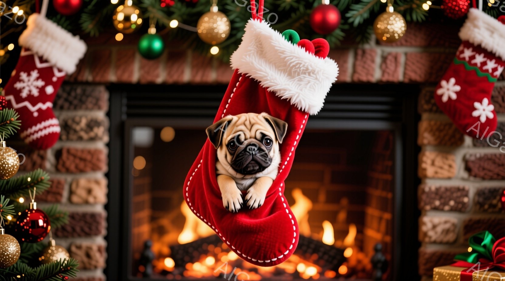 愛らしいパグの子犬が、赤いクリスマスストッキングの中から顔を出しています。子犬は少し不安そうに見え、大きな瞳でこちらを見つめています。背景には、暖炉の火とクリスマスツリーの装飾が映り込み、温かく、お祝 - AI生成フリー素材