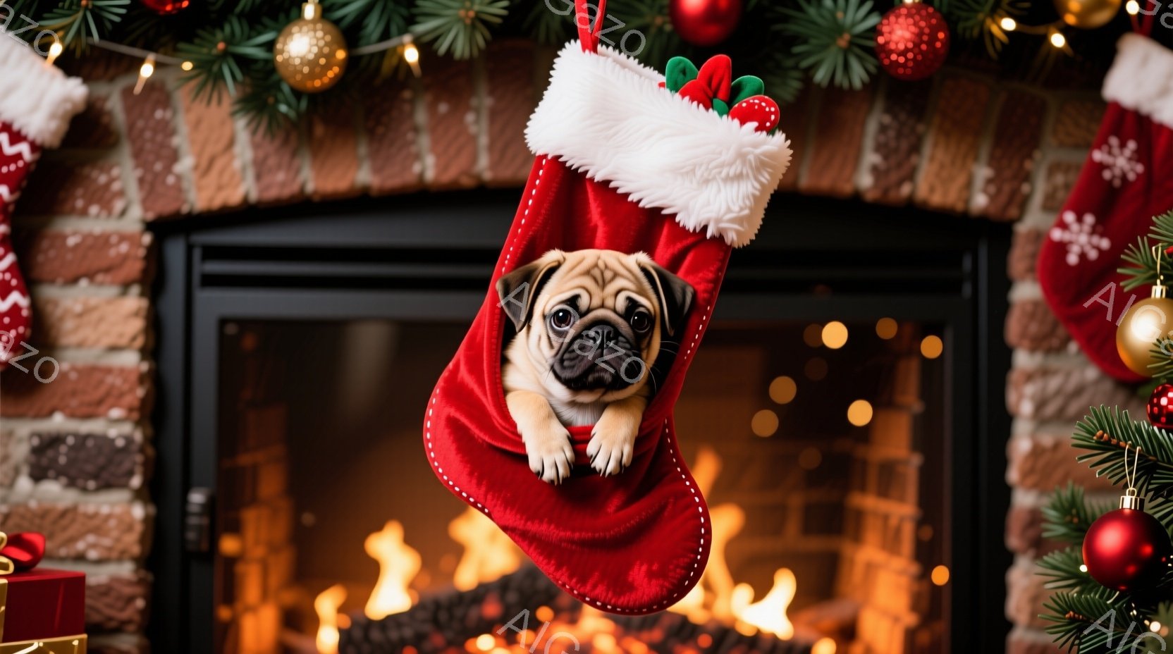 赤いクリスマスストッキングの中に、子犬のパグがちょこんと座っています。パグは赤いリボンをつけており、少し驚いたような表情をしています。背景には暖炉の炎と、クリスマスツリーの飾りが見え、温かく、お祝いの - AI生成フリー素材