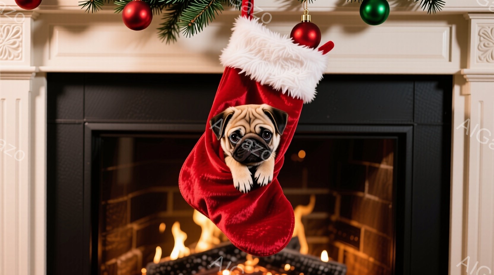暖炉の赤いクリスマスストッキングの中から、パグの子犬が顔を出しています。子犬は少し驚いたような表情で、前足をストッキングの縁につかんでいます。背景には暖炉の炎が見え、クリスマスツリーのオーナメントが飾られています。