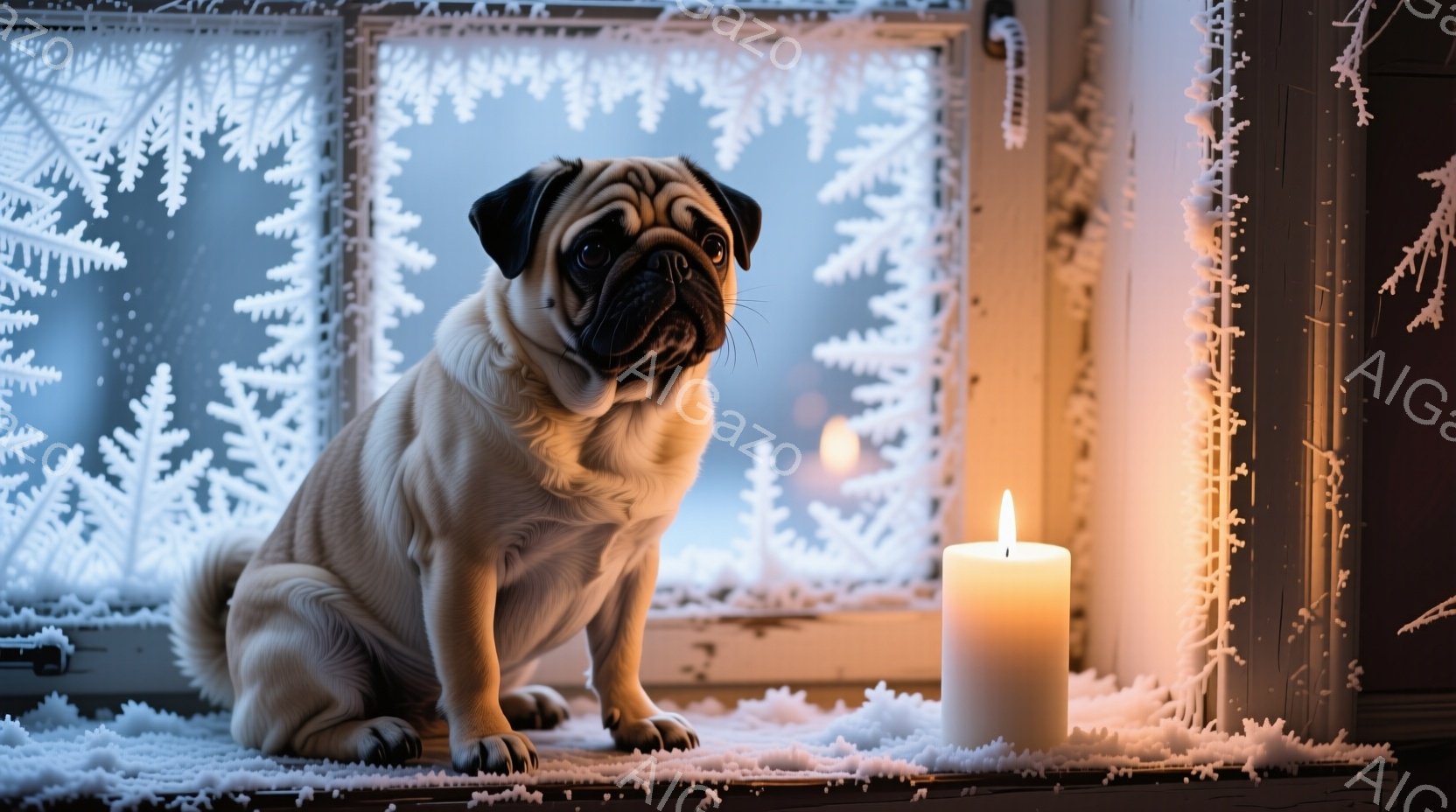 パグが窓辺に座っており、その窓は雪の結晶で覆われています。パグは少し憂いを帯びた表情で正面を見つめ、隣には火の灯ったキャンドルが置かれています。背景には雪景色が見え、全体的に静かで冬らしい温かい雰囲気が漂っています。