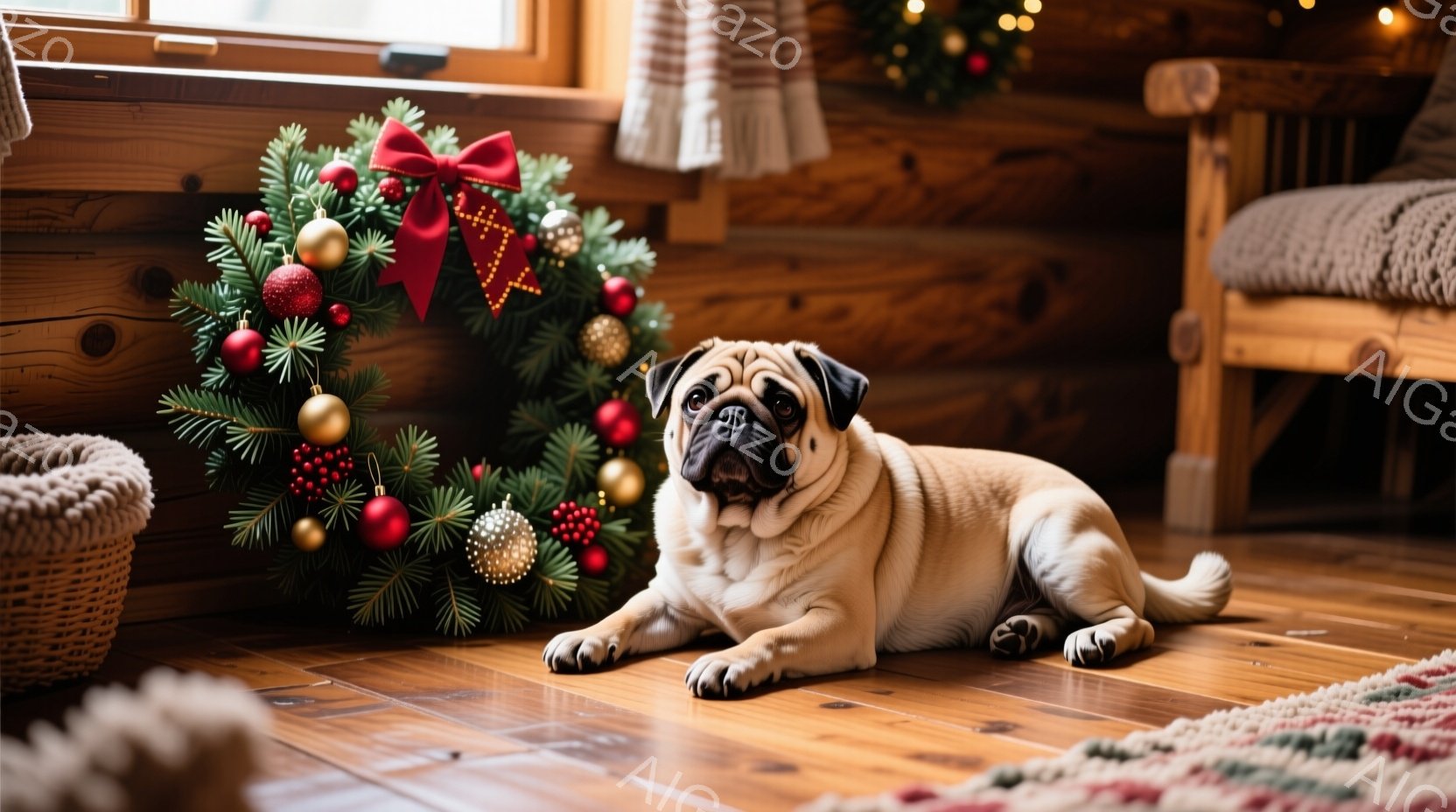 居心地の良い木製の床に、愛らしいパグがリラックスして座っています。背景にはクリスマスリースが飾られ、暖炉のような木製の壁とあたたかみのある照明が、ホリデーシーズンらしい穏やかな雰囲気を醸し出しています。パグは少し憂いを含んだ表情で、クリスマスの装飾と暖炉のある快適な空間に溶け込んでいます。