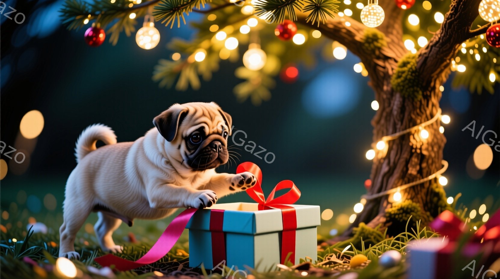 小さなパグの子犬が、リボンのかかった青いギフトボックスに手を伸ばしています。背景にはクリスマスツリーが輝き、周りにはプレゼント箱が散らばっており、温かくお祝いムードに包まれています。緑の草の上で、可愛らしいパグがプレゼントに夢中になっている様子が捉えられています。