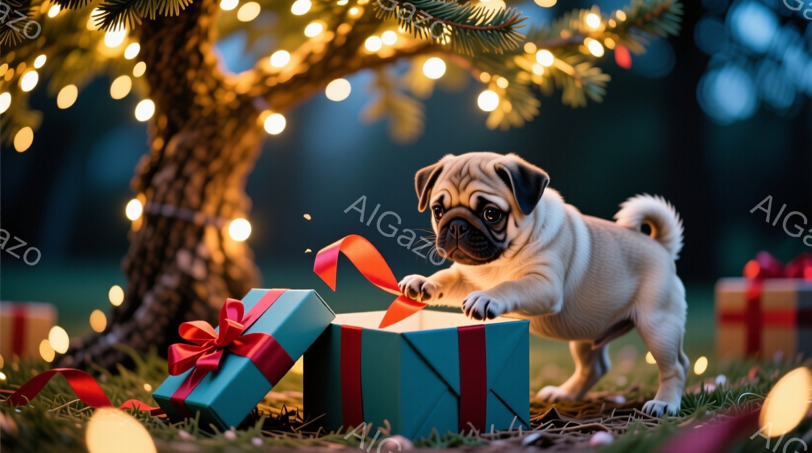 愛らしいパグの子犬が、赤いリボンで飾られた青いギフトボックスから顔を出しています。背景には、緑の芝生と、ぼんやりとしたクリスマスツリーの光が散りばめられており、他に赤いギフトボックスがいくつかあります - AI生成フリー素材