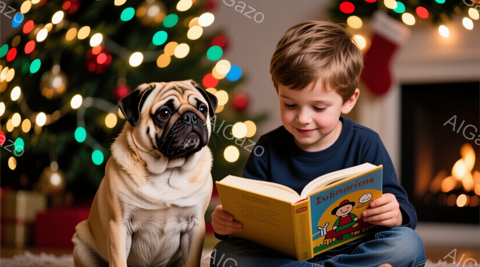 少年は床に座り、膝を曲げて本を読んでいます。彼は青いシャツを着ており、茶色の髪は少し無造作に整えられています。彼の隣には、茶色と白のパグが座っており、本に興味津々な表情をしています。背景には、キラキラ - AI生成フリー素材