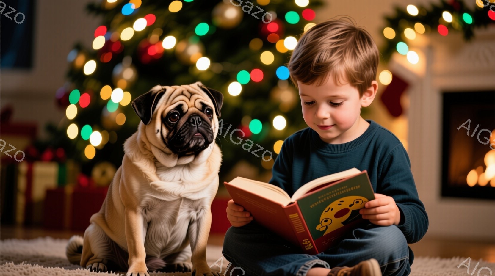 少年は床に座り、膝を曲èbre、開いた本を熱心に読んでいます。彼は濃い茶色の髪で、青いセーターを着ており、集中した表情をしています。背景には、カラフルなライトで飾られたクリスマスツリーがあり、暖かく家 - AI生成フリー素材
