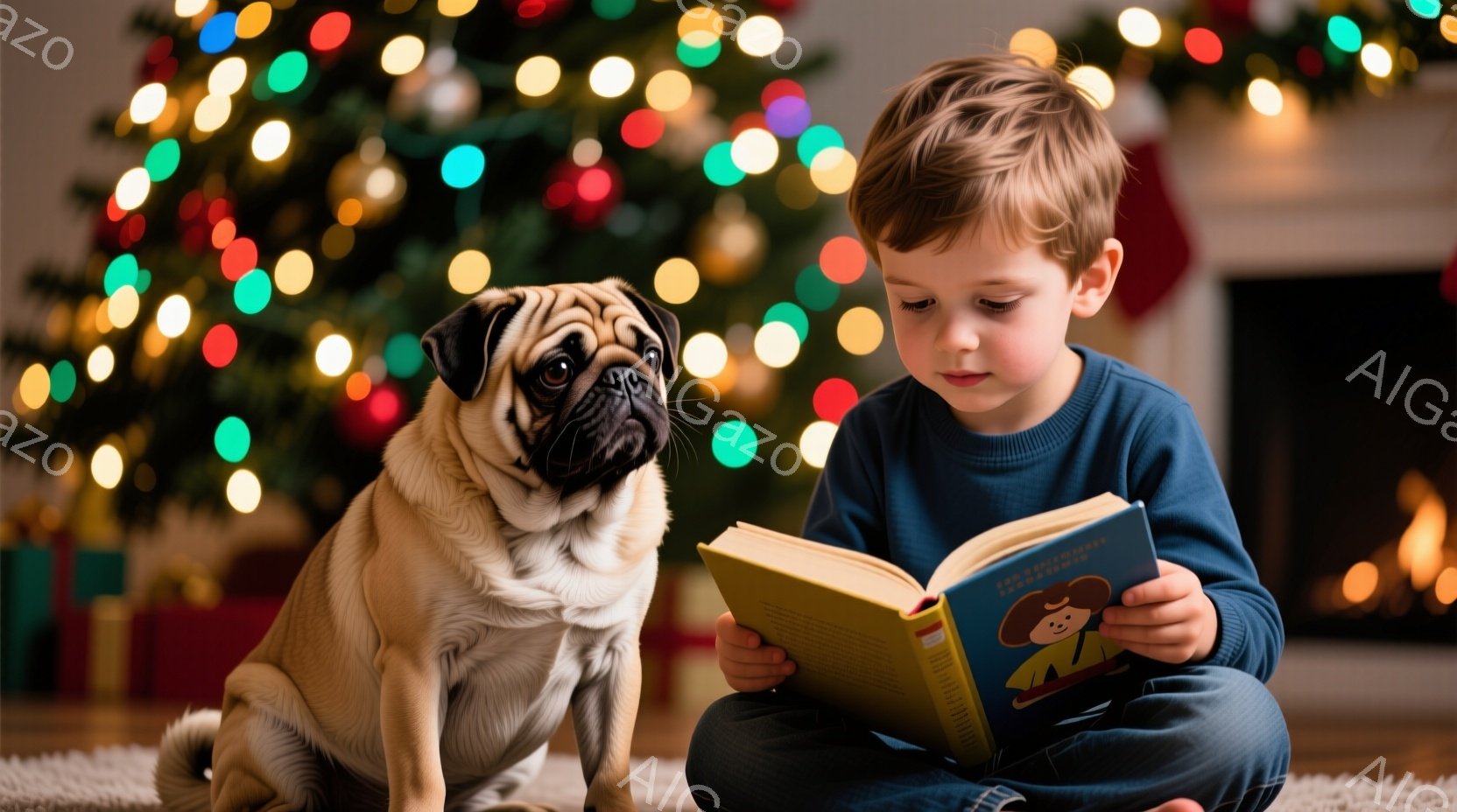 少年は青いセーターを着て、床に座って本を熱心に読んでいる。彼の隣には、クリーム色のパグが座って、興味深そうに少年のほうを見ている。背景には、カラフルな電飾で飾られたクリスマスツリーがあり、暖かく、お祝 - AI生成フリー素材