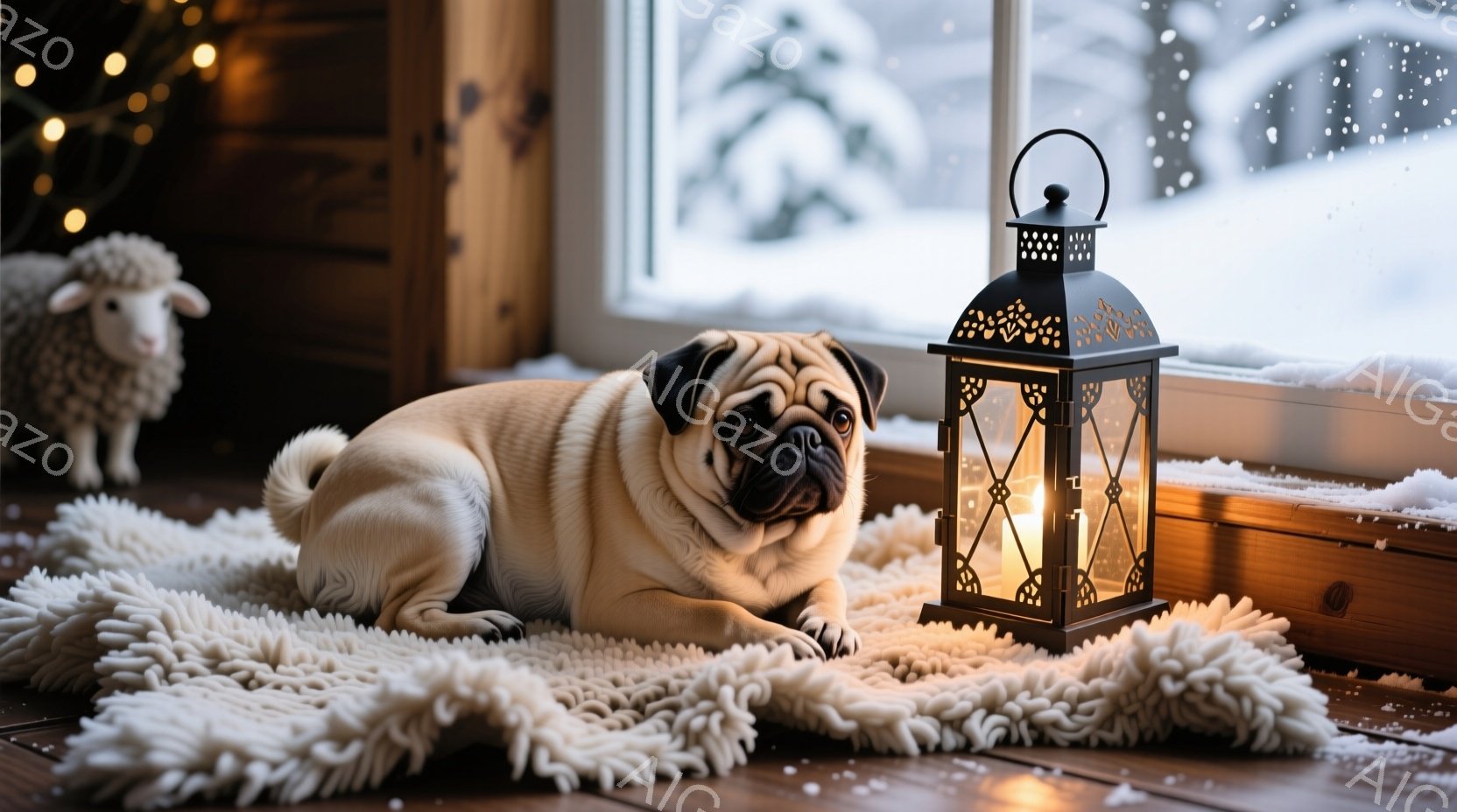 ベージュ色のパグがふわふわの白いラグの上に横たわっています。パグは少し上目遣いで、穏やかな表情を浮かべています。背景には雪景色が見える窓があり、床には小さな雪のフレークが散らばり、暖かく落ち着いた冬の雰囲気を醸し出しています。
