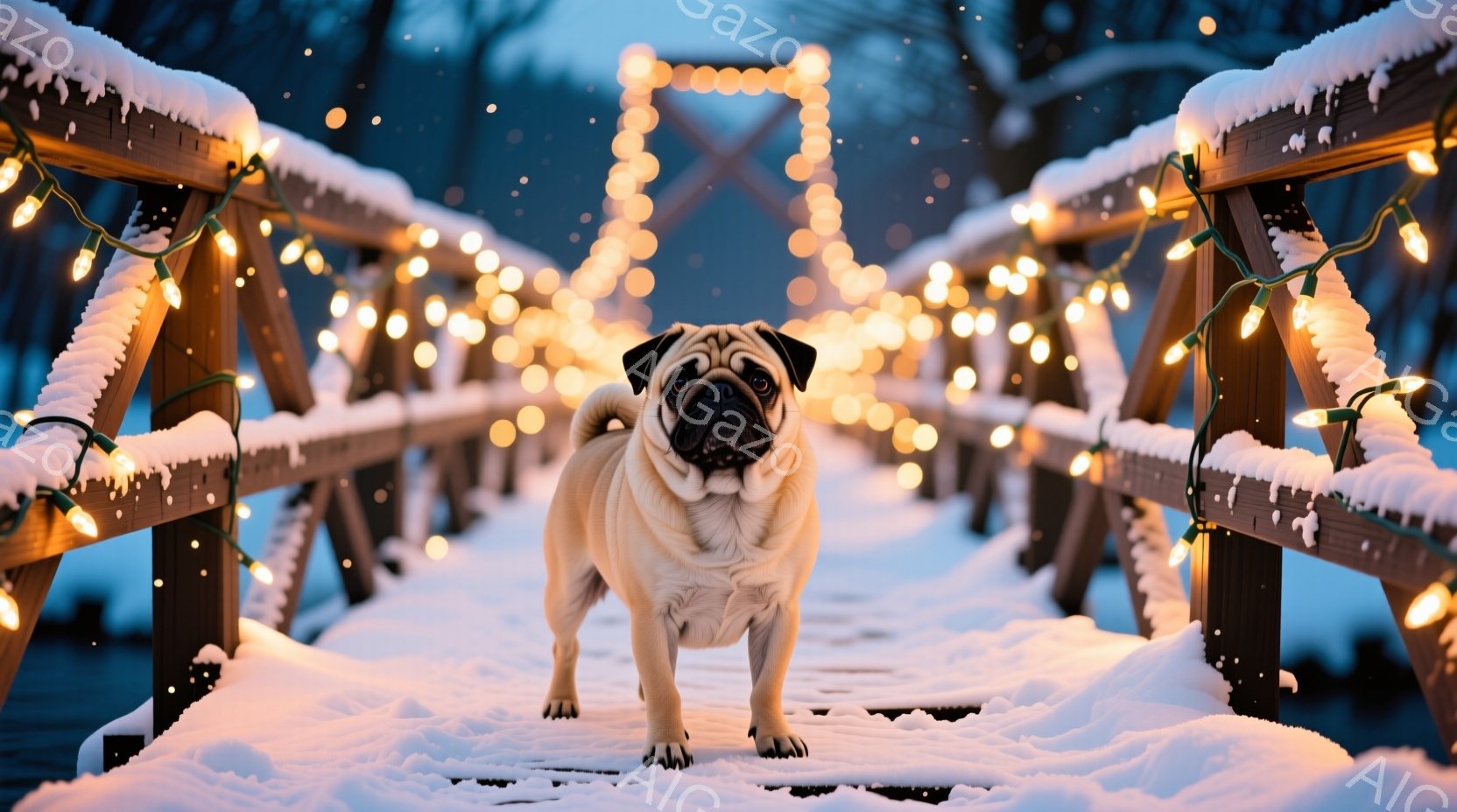 パグが雪に覆われた木製の橋の中央に立っており、正面を見据えています。橋は温かい光を放つ電飾で飾られ、雪景色と相まって幻想的な雰囲気を醸し出しています。背景には雪で覆われた木々がぼんやりと見え、全体的に - AI生成フリー素材