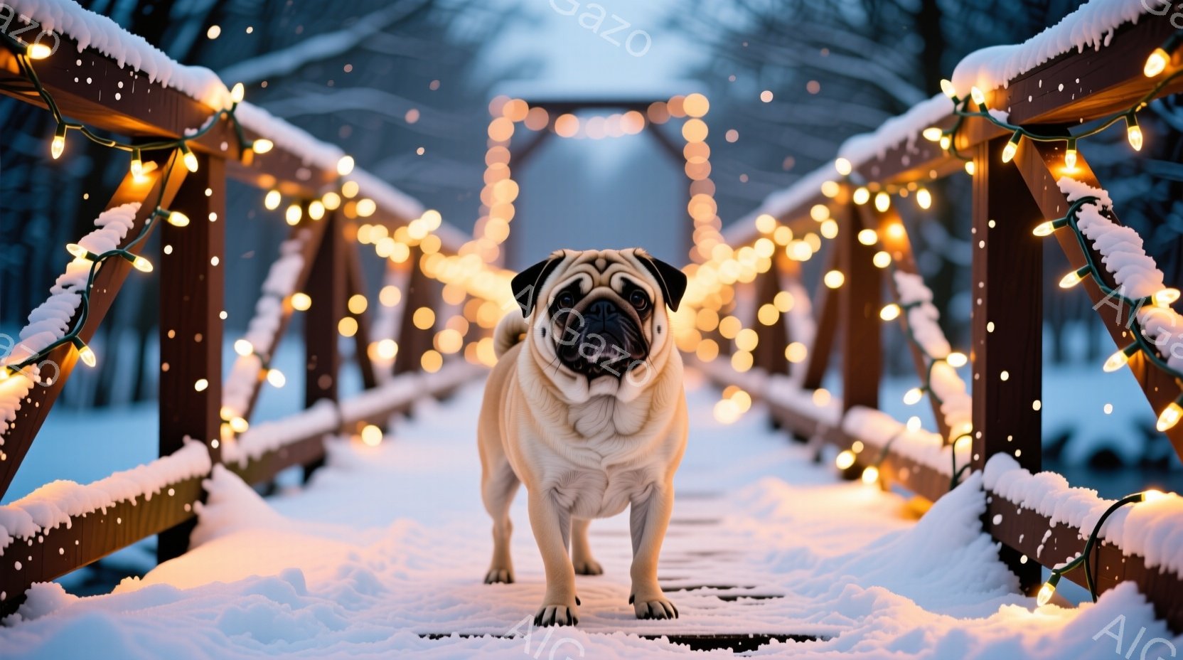 白い毛並みのパグが雪に覆われた木の橋の中央に立っている。その表情は穏やかで、正面を見つめている。背景は雪景色で、橋には暖色系のイルミネーションが飾られ、冬の暖かく幻想的な雰囲気を醸し出している。 - AI生成フリー素材