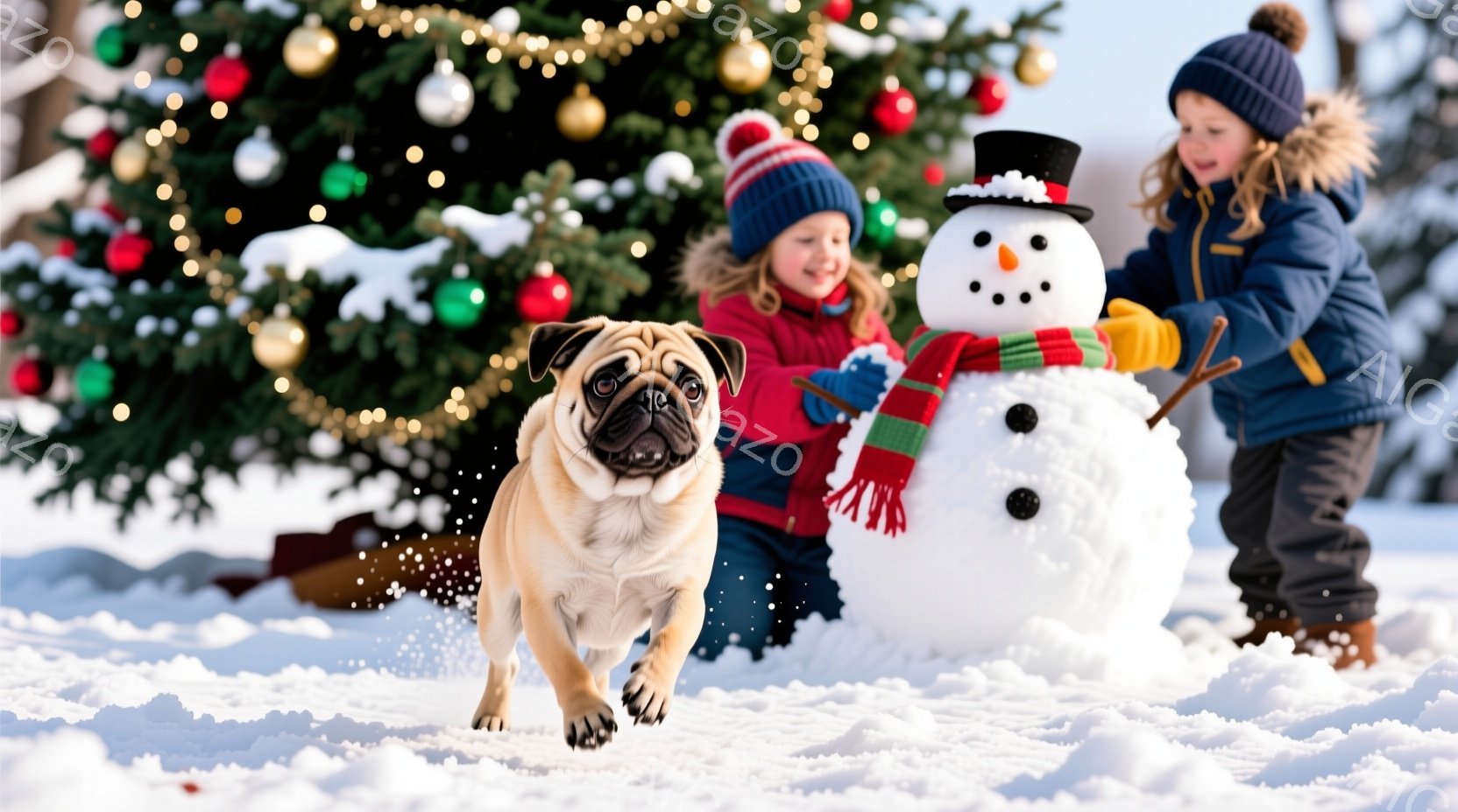 雪景色の中で、茶色のパグが勢いよく走り出しています。背景には、赤い帽子をかぶった女の子と、男の子が作った雪だるまが見え、クリスマスの飾り付けがされたクリスマスツリーが暖かさを添えています。全体的に、冬 - AI生成フリー素材