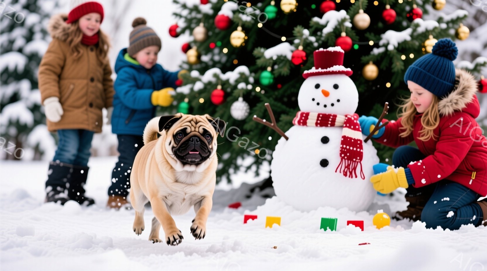 雪景色の中で、2人の子供と愛らしいパグ犬が楽しそうに遊んでいます。子供たちは冬の帽子と厚手のジャケットを着て、パグ犬は雪の中を駆け抜けています。背景にはクリスマスツリーが飾られた雪景色が広がり、暖かく幸せなクリスマスの雰囲気を醸し出しています。