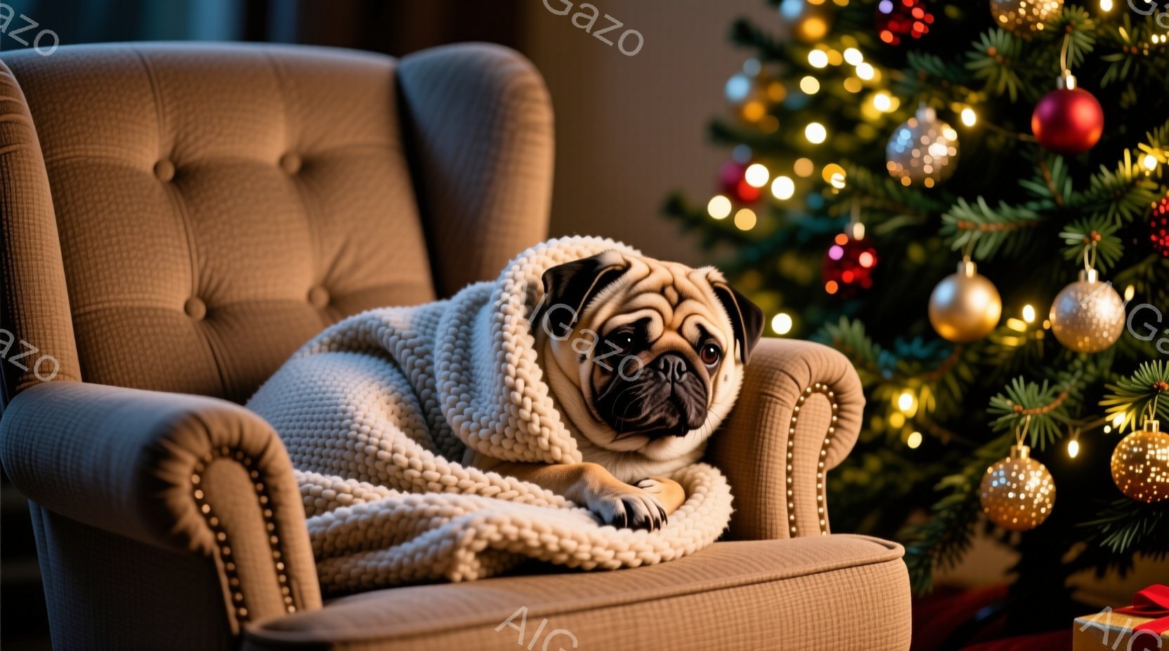 居心地の良いアームチェアに座ったパグが、オフホワイトのざっくり編みの毛布に包まれています。パグは少し眠たげな表情で、リラックスした姿勢で座っています。背景には、オーナメントで飾られたクリスマスツリーが - AI生成フリー素材