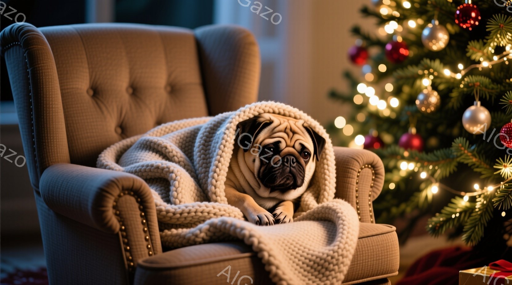 茶色い肘掛け椅子に、毛布に包まれたパグが横たわっています。パグは少し憂鬱そうな表情で、リラックスした姿勢でカメラを見つめています。背景には、クリスマスツリーが飾られており、暖かく穏やかなクリスマスの雰 - AI生成フリー素材