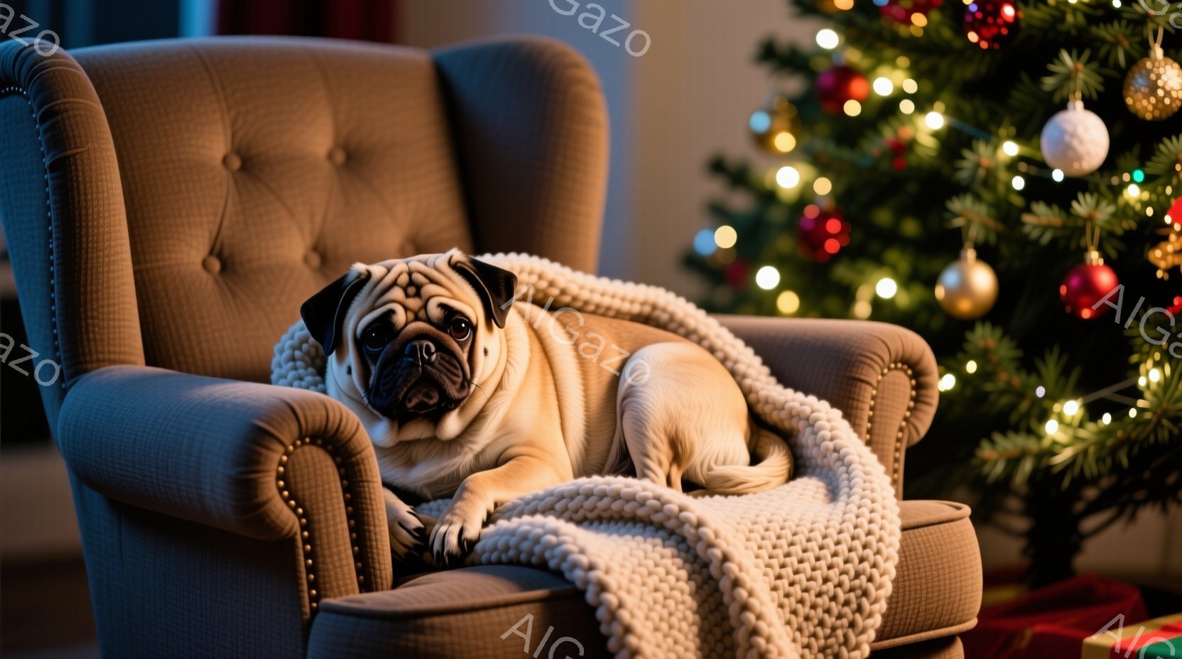 ベージュ色のパグが、鋲が施された肘掛け椅子の座にゆったりと横たわっています。その上にはオフホワイトの編み物のブランケットがかけられており、穏やかな表情でこちらを見ています。背景にはクリスマスツリーが飾 - AI生成フリー素材