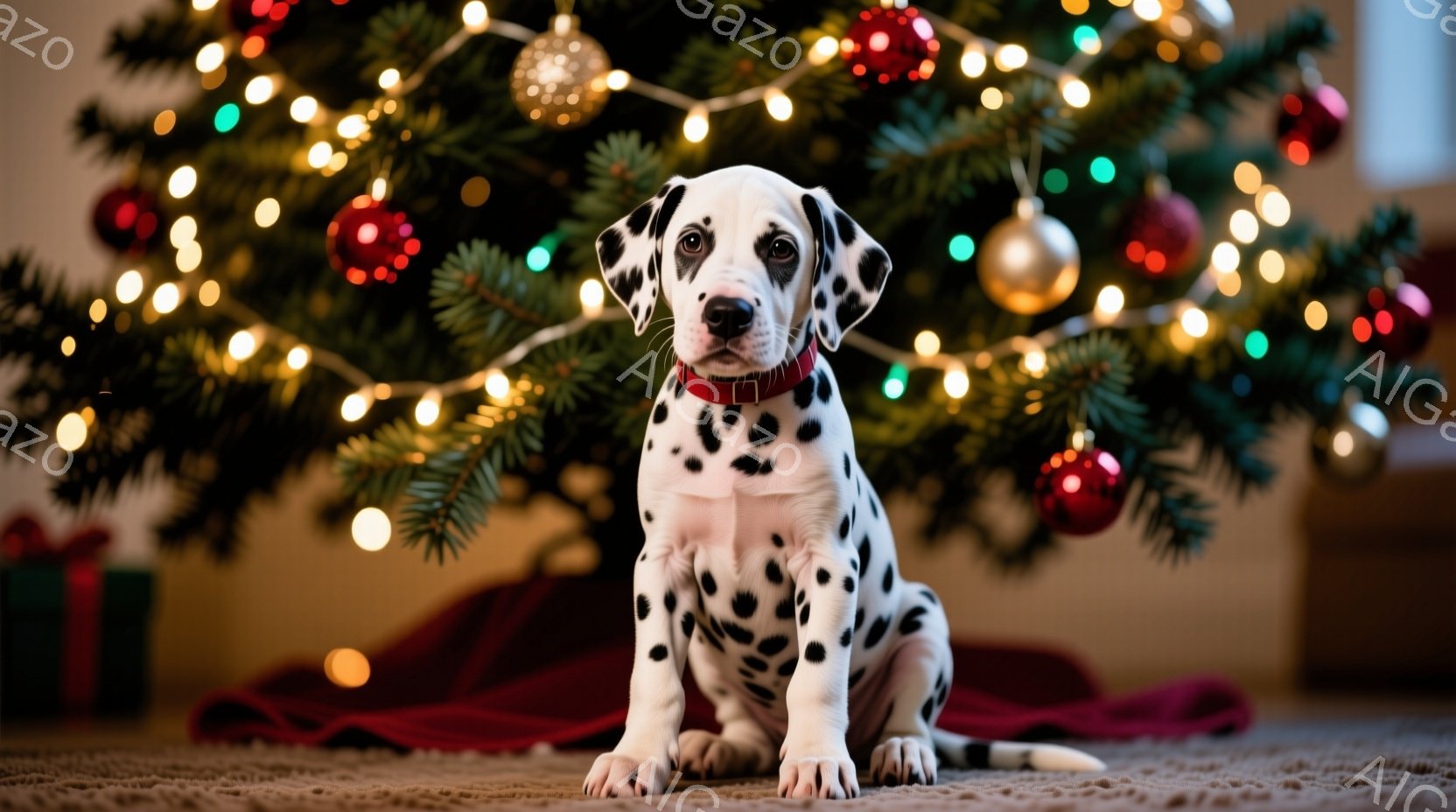 白地に黒い斑点模様のダルメシアンの子犬が、クリスマスツリーの前で座っています。赤い首輪をつけており、少し伏し目がちで穏やかな表情をしています。背景には、オーナメントで飾られたクリスマスツリーと赤い布が - AI生成フリー素材