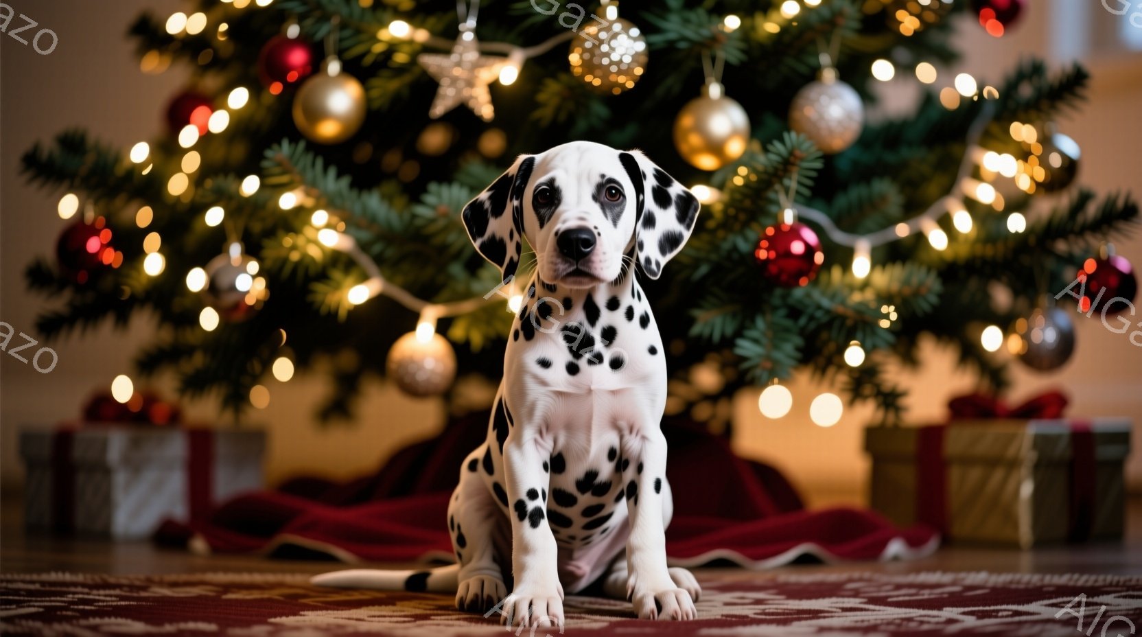 白地に黒い斑点模様のダルメシアンの子犬が、クリスマスツリーの前で座っています。背景には、赤色の布とプレゼントが置かれ、キラキラと輝く電飾が暖かく優しい雰囲気を醸し出しています。子犬は正面を見ており、つ - AI生成フリー素材