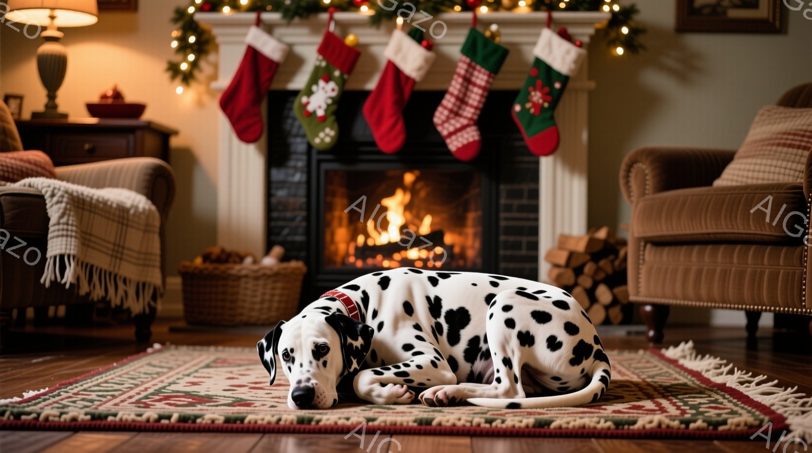 暖炉のある居間にダルメシアンが敷かれたラグの上で横たわっています。暖炉には火が灯っており、壁にはクリスマスストッキングが飾られています。背景には籐のバスケットやアンティーク調の椅子が見え、暖かく居心地の良い雰囲気です。