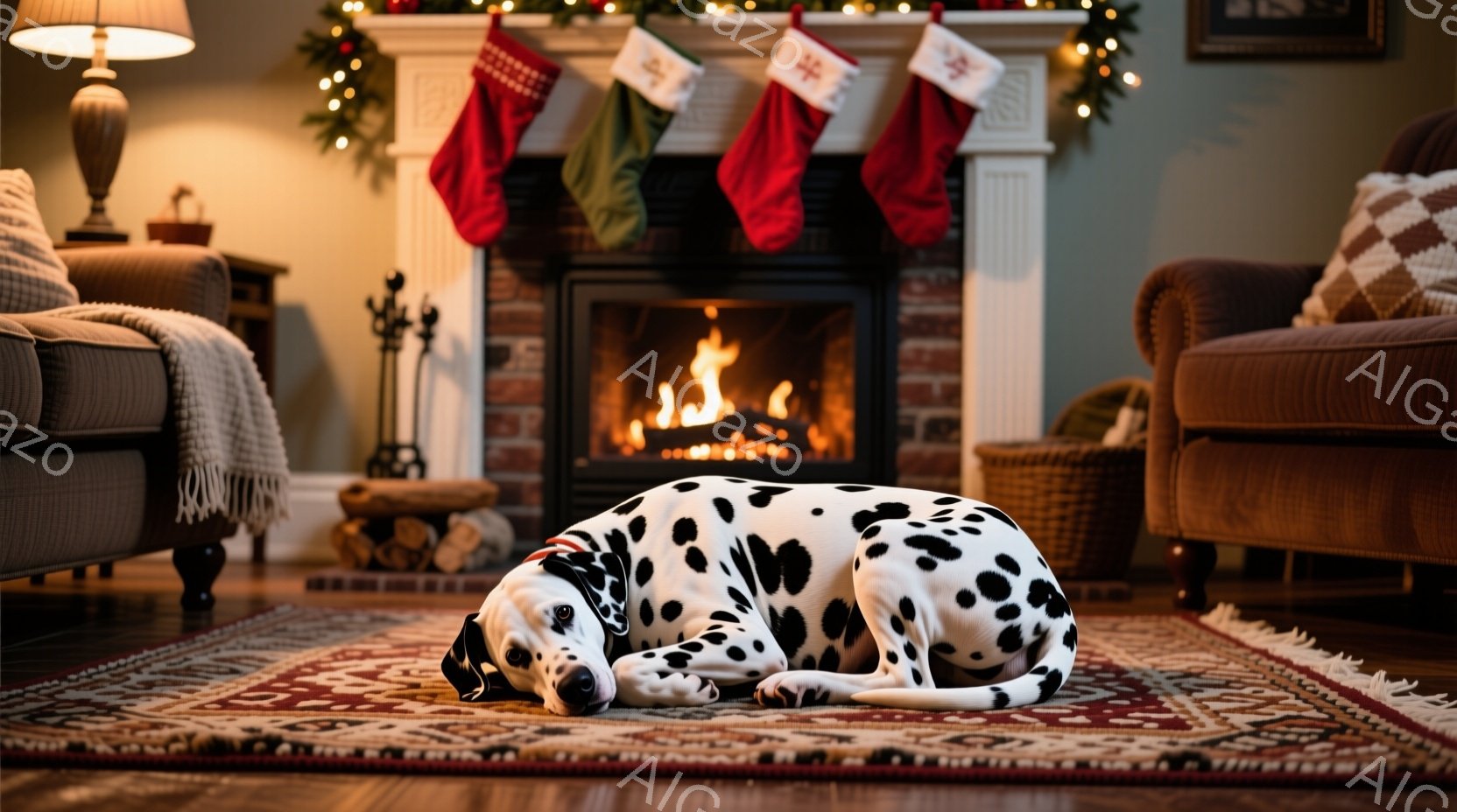 暖炉の前でダルメシアンが床の絨毯に横たわっています。暖炉には火が灯っており、クリスマスソックスが暖炉の上に飾られています。部屋は暖かく、居心地の良い雰囲気で、クリスマスの装飾が施された穏やかな光景です - AI生成フリー素材
