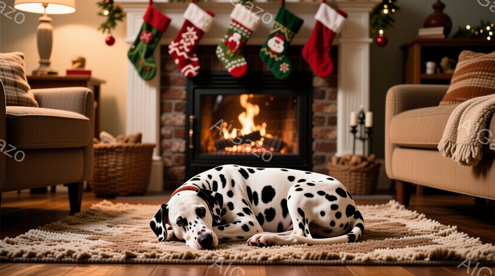 暖炉の前でダルメシアンがカーペットの上に横たわっています。暖炉には火が燃えており、その上にはクリスマス柄の靴下が飾られています。部屋全体は暖かく、居心地の良い雰囲気で、クリスマスシーズンの家庭的な光景 - AI生成フリー素材