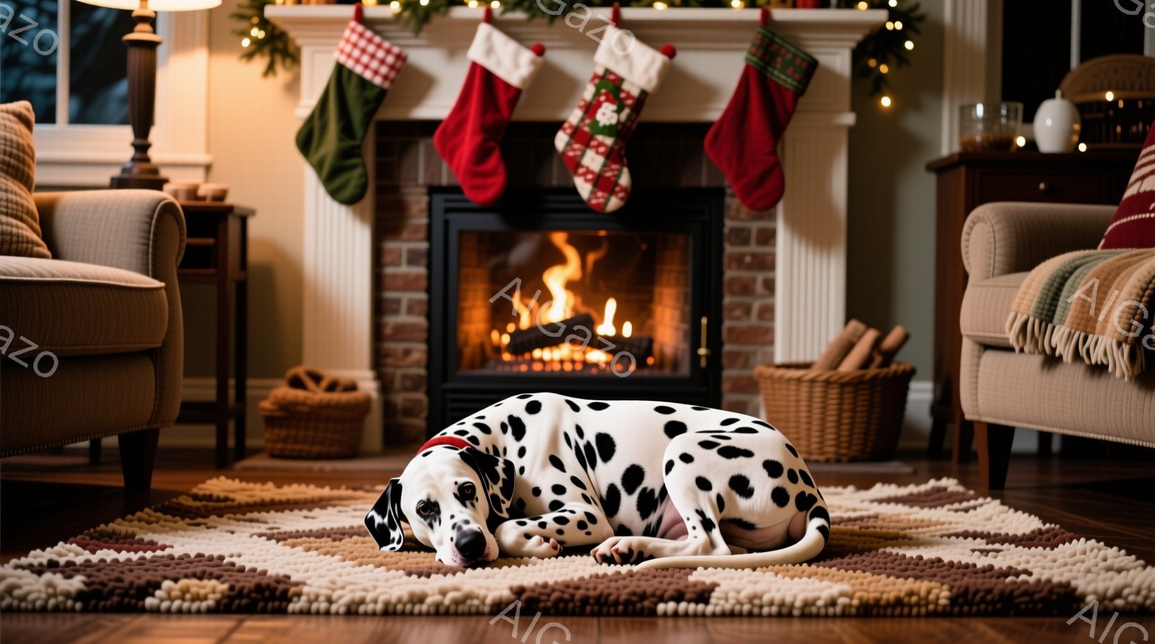 暖炉の前に敷かれたラグの上で、ダルメシアンが丸まって眠っています。暖炉の中では火が燃え盛り、部屋全体を暖かく照らし、クリスマスの飾り付けが心地よい雰囲気を醸し出しています。背景には、木製のキャビネットと椅子が見え、冬の夜の温かく居心地の良いシーンが表現されています。