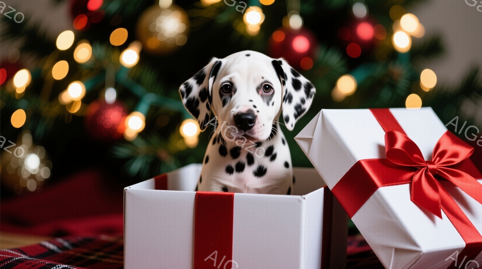 白地に黒い斑点模様のダルメシアンの子犬が、赤いリボンで結ばれた白いギフトボックスの中に座っています。子犬は少し戸惑った表情でカメラを見つめており、その姿勢は可愛らしいです。背景には、ぼやけたクリスマス - AI生成フリー素材