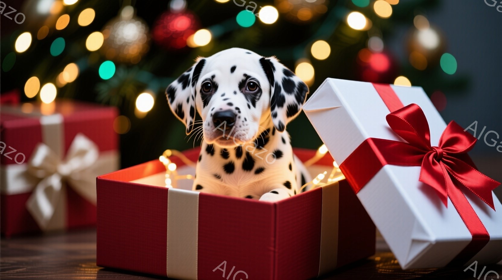 白地に黒い斑点模様のダルメシアンの子犬が、赤い縁取りの白いギフトボックスに座っています。ボックスは開いており、子犬は中を見つめています。背景には、木とぼやけたクリスマスライトがあり、暖かくお祝いの雰囲 - AI生成フリー素材