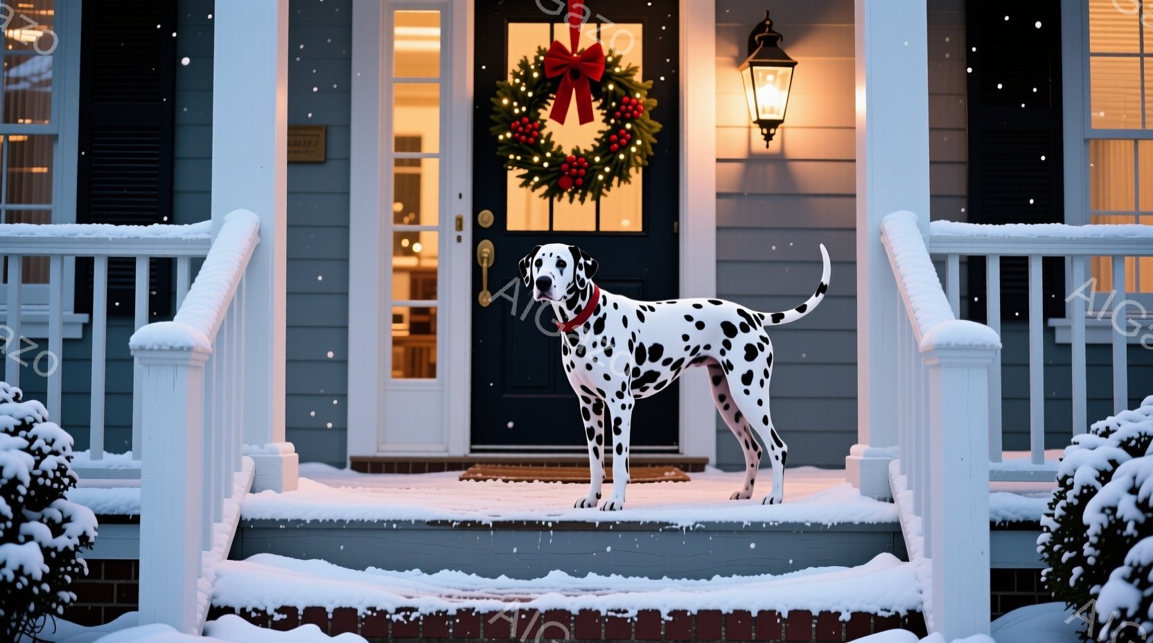 白地に黒い斑点模様のダルメシアンが、雪で覆われた家の階段に堂々と立っている。家の玄関にはクリスマスリースが飾られ、暖色の光が内部から漏れている。雪が降り積もり、クリスマスの温かく穏やかな雰囲気が漂って - AI生成フリー素材