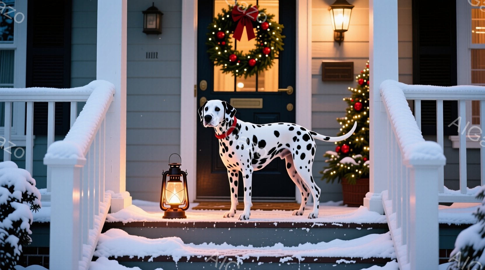 白地に黒い斑点模様のダルメシアンが、雪で覆われた家のポーチの階段に立っている。クリスマスのリースが飾られた正面玄関と、点灯したクリスマスツリーが背景にあり、暖かな光がダルメシアンを照らしている。雪が降 - AI生成フリー素材