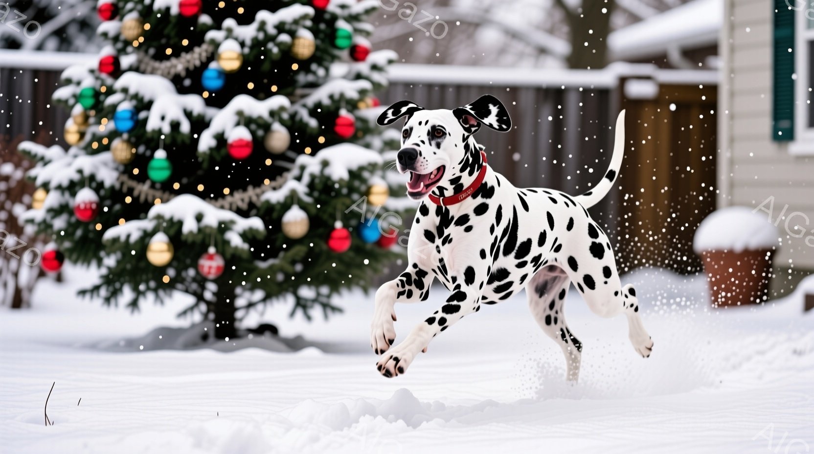 雪景色の中で、ダルメシアンが勢いよく駆けている様子が捉えられています。背景には、オーナメントで飾られた雪を被ったクリスマスツリーや、雪に覆われた家屋が見え、冬の暖かく楽しい雰囲気が漂っています。犬は嬉しそうに口を開け、躍動感あふれる姿が印象的です。