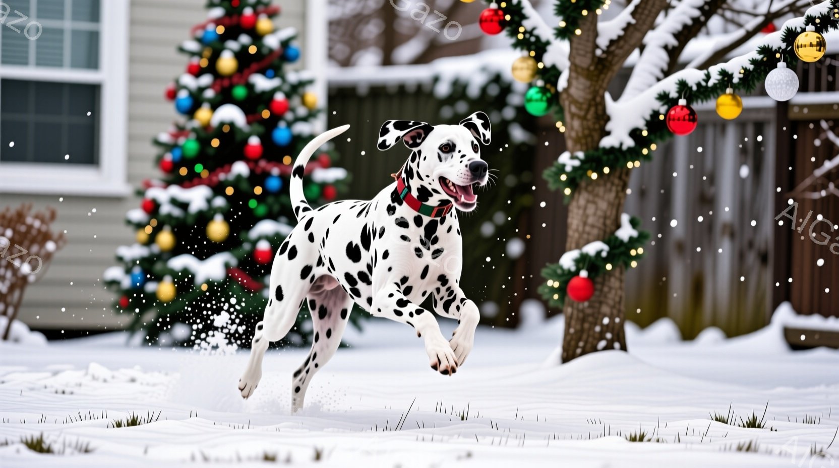 白地に黒い斑点模様のダルメシアンが雪の上を力強く駆けている。背景にはクリスマスツリーが飾られ、雪が舞う冬の庭で、活気に満ちた躍動感が感じられる。暖色系のイルミネーションが、雪景色に温かみと華やかさを添 - AI生成フリー素材