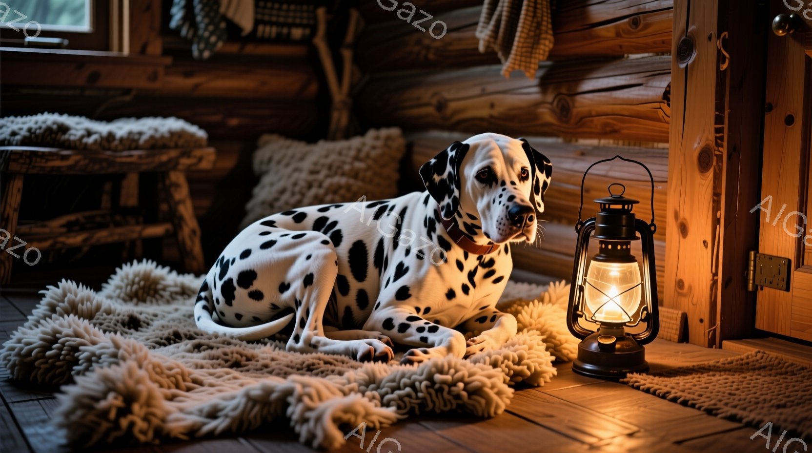 斑点模様のダルメシアン犬が、木の床に敷かれた毛皮のような敷物の上で横たわっています。背景には木製の壁とドアがあり、オイルランタンが犬の横で温かい光を放っています。全体的に暖かく居心地の良い、静かな空間 - AI生成フリー素材