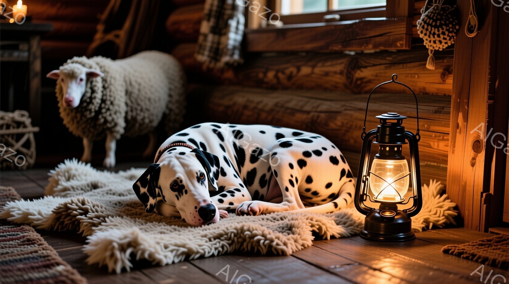 白と黒の斑点模様のダルメシアン犬が、ふわふわの白いラグの上に横たわっています。背景には木製の壁があり、暖かい光が灯ったランタンが置かれ、柔らかな光が室内を満たしています。暖炉のそばでくつろぐ犬の姿は、 - AI生成フリー素材