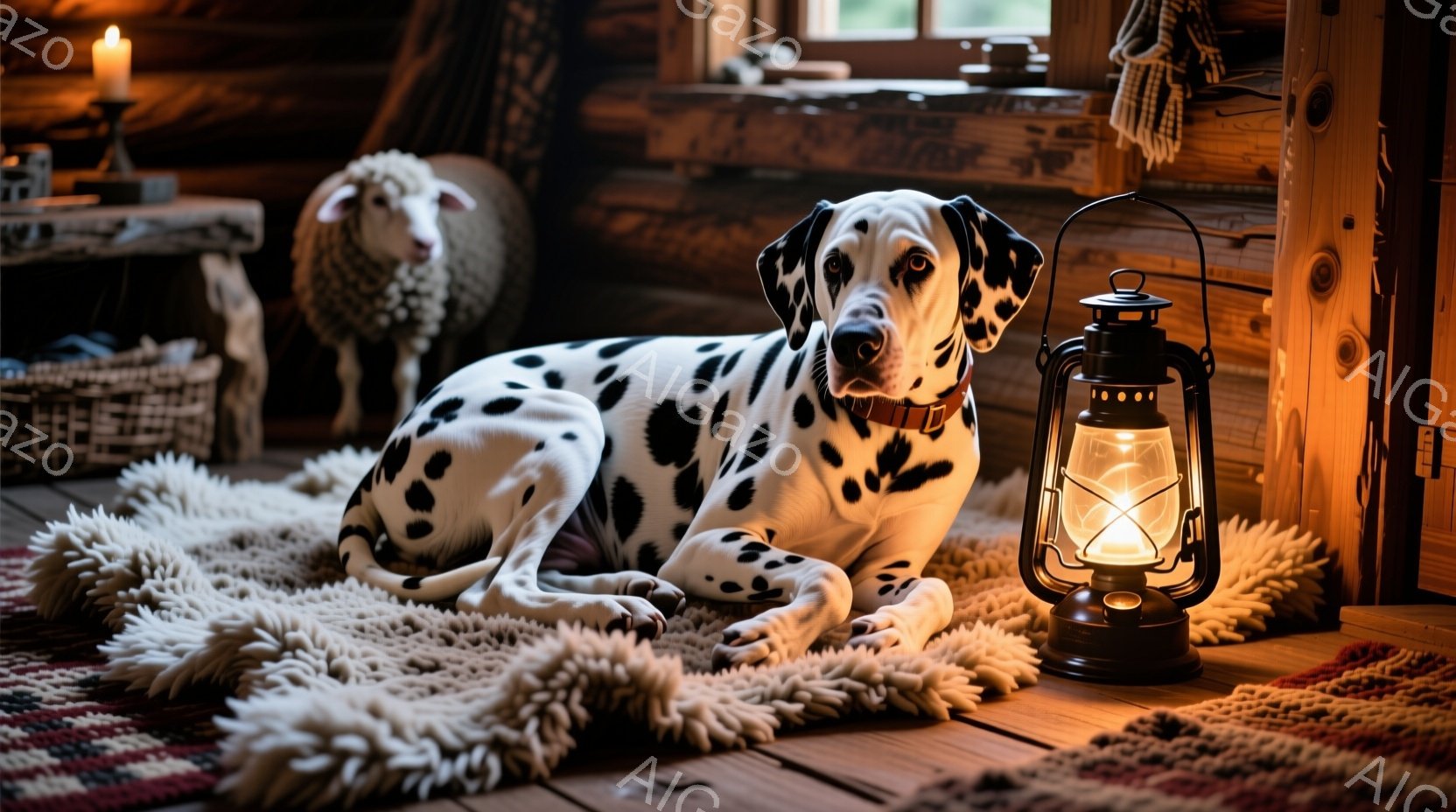 斑点模様のダルメシアンが、柔らかい毛足のラグの上に横たわっており、リラックスした様子が伺えます。背後には、藁でできた動物の置物や木の家具が見え、暖炉の火が灯る温かく素朴な室内の雰囲気が漂っています。ラ - AI生成フリー素材