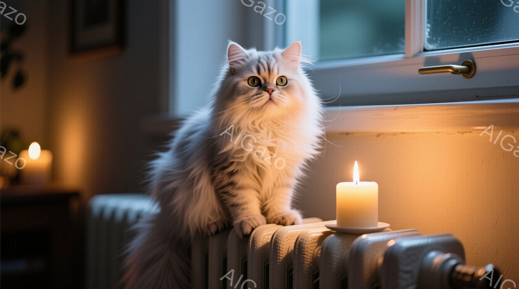 白い長毛の猫が暖房器具の上に座ってこちらを見ています。猫の目は大きく輝き、毛並みはふっくらとしています。背景にはぼんやりと見える家具と、窓の外の暗い景色、そして暖かく灯るキャンドルがあり、穏やかで温かい雰囲気を醸し出しています。