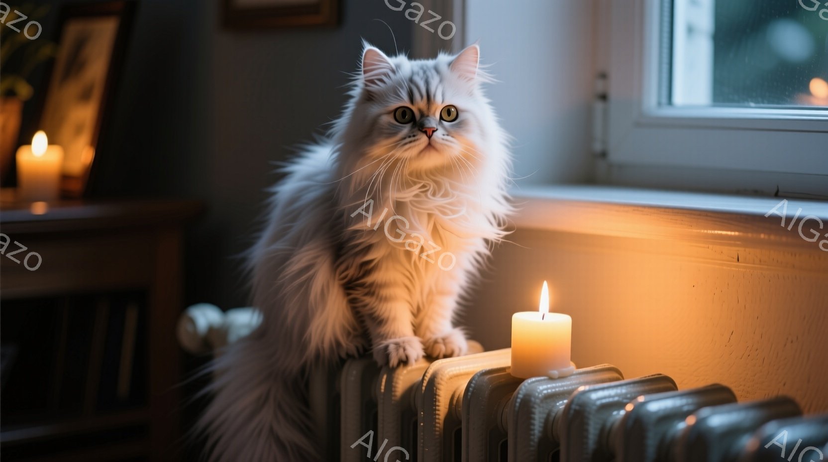 ふわふわの灰色の毛並みを持つ長毛の猫が、暖房器具の上でこちらを見つめている。暖かくオレンジ色の光を放つキャンドルが猫の足元と背景にあり、部屋全体に穏やかな雰囲気を醸し出している。窓の外は暗く、雨が降っているように見える、室内は落ち着いた色調で統一され、静寂と安らぎを感じさせる。