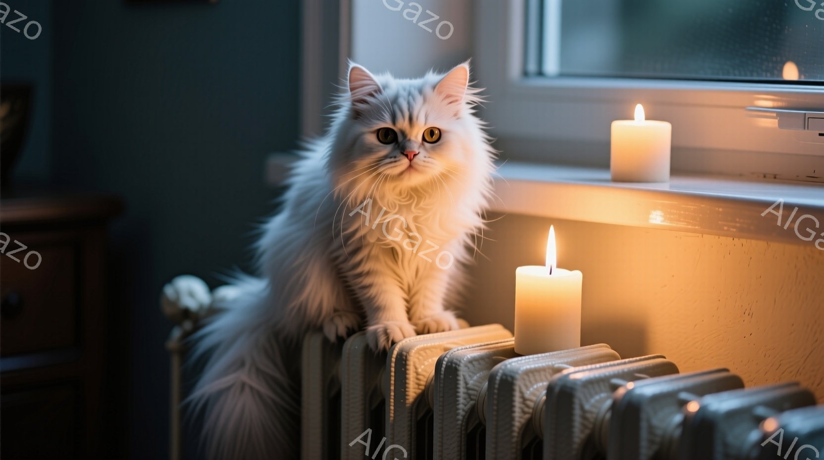 白い長毛の猫が、暖房器具の上で優雅に座っている。背景には窓があり、ぼんやりと外の景色が見える。暖かく穏やかな雰囲気で、猫の毛並みが柔らかく、燃えるキャンドルの光が猫の姿を照らしている。