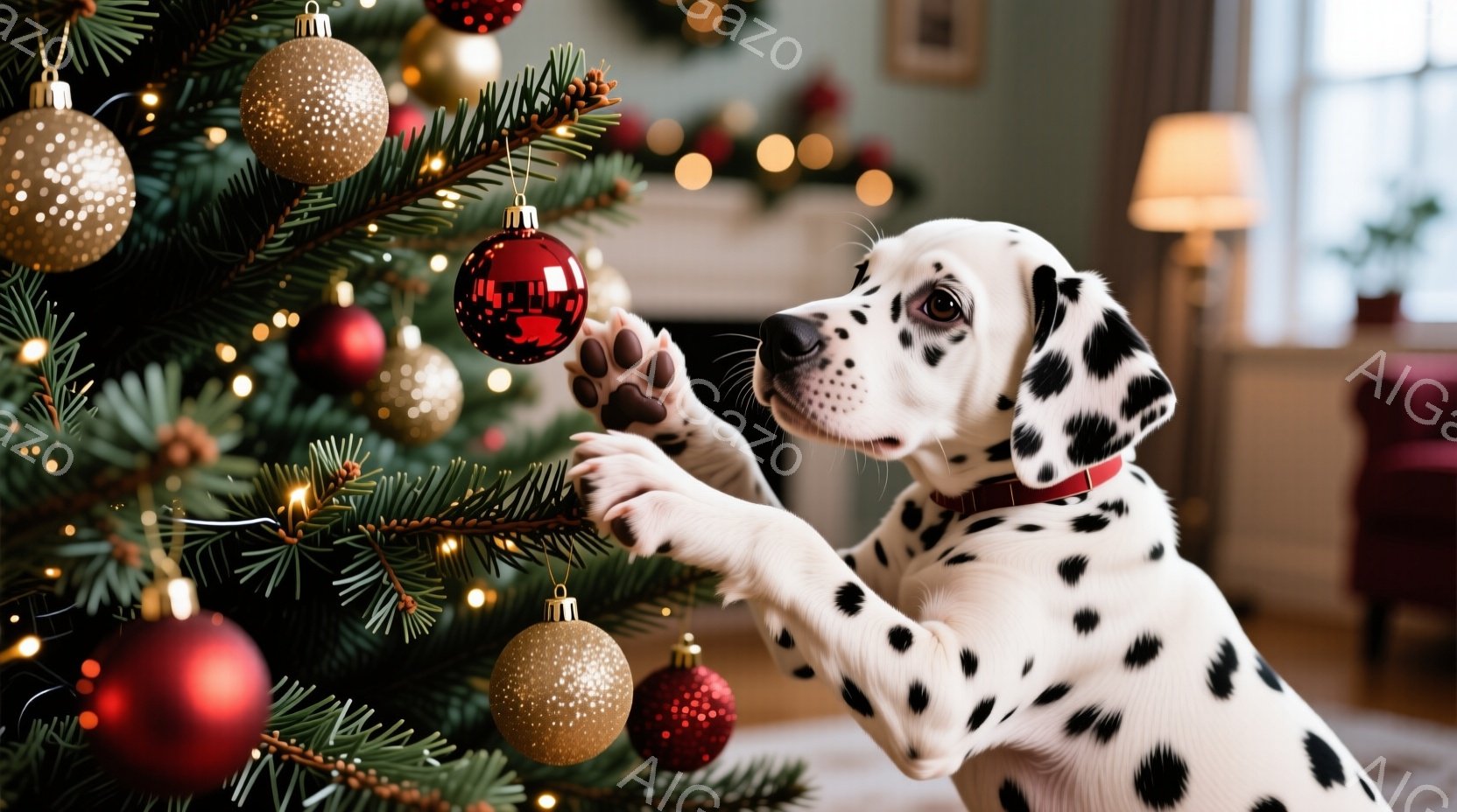 白地に黒い斑点模様のダルメシアンの子犬が、クリスマスツリーの枝に前足を伸ばし、赤いオーナメントを見つめています。ツリーは金色のオーナメントや点滅するライトで飾られ、背景には暖炉や家具が見え、クリスマス - AI生成フリー素材