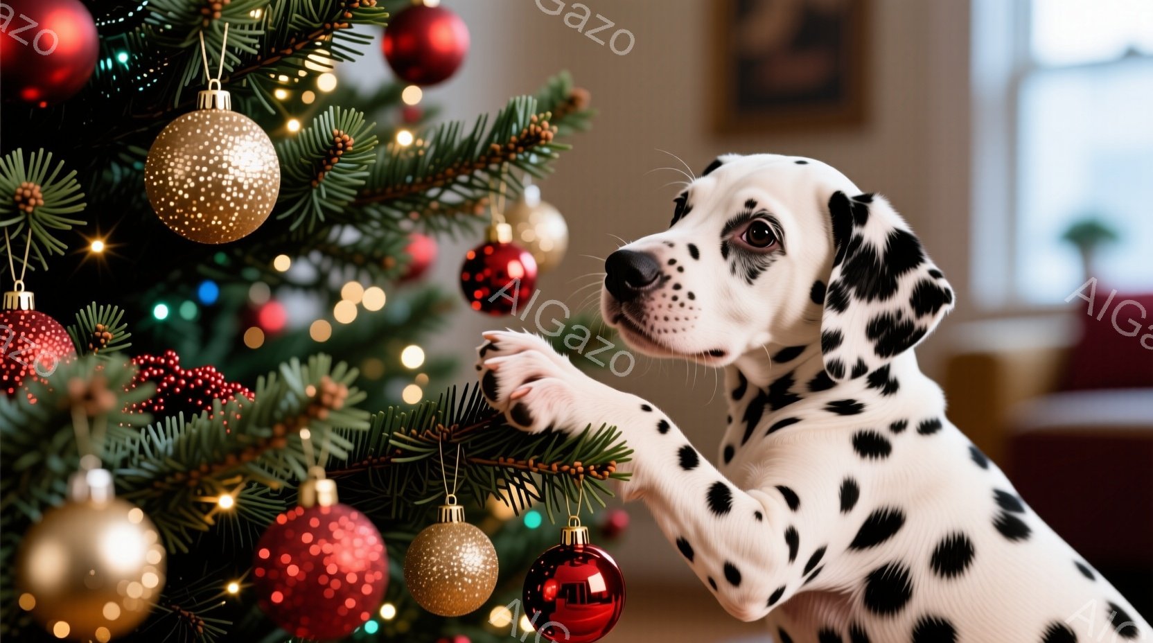 白地に黒い斑点模様のダルメシアンの子犬が、クリスマスツリーの枝に前足をかけて遊んでいます。ツリーは赤や金色のオーナメントで飾られ、背景は暖色系の部屋でぼんやりとしています。全体的に、暖かく、愛らしい、 - AI生成フリー素材
